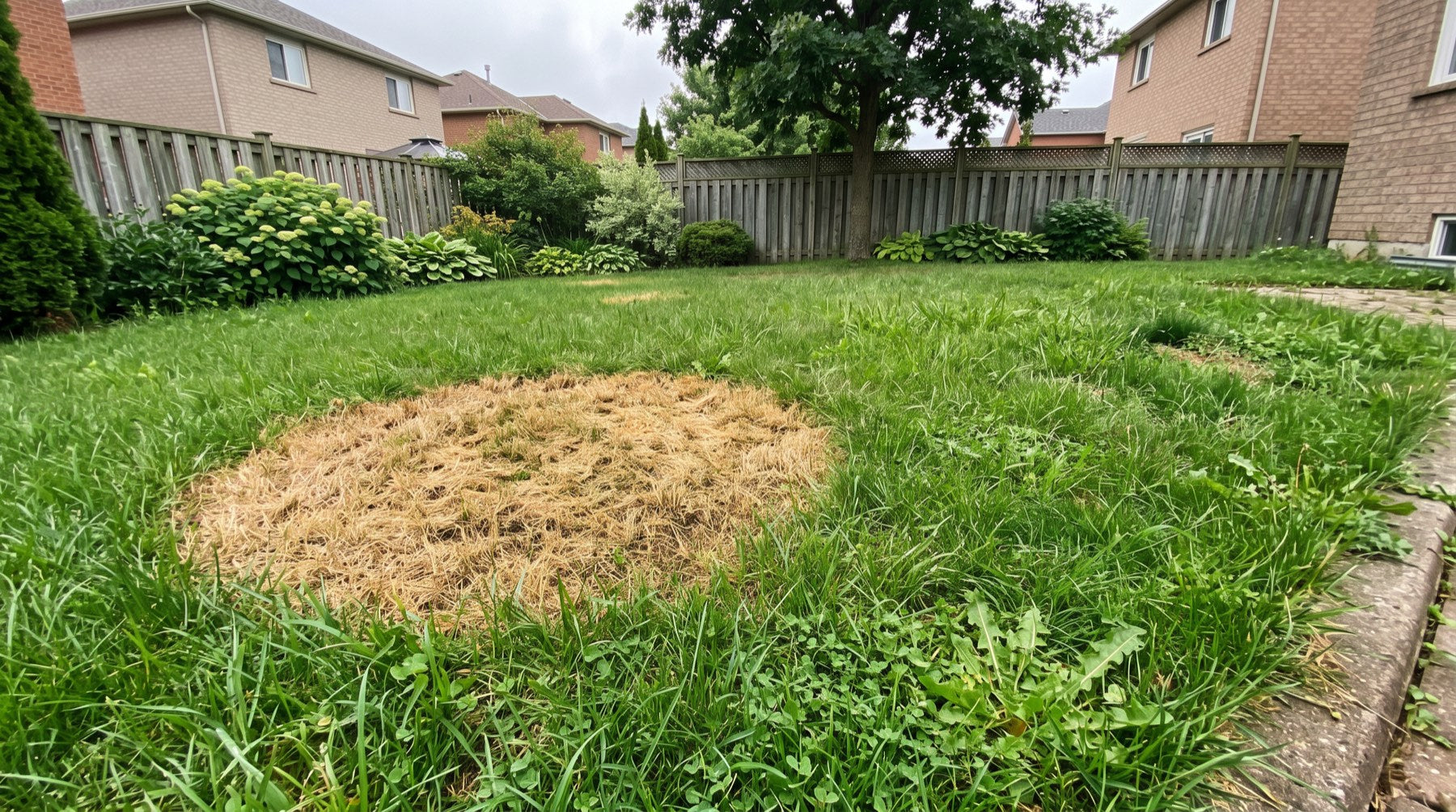 A yellow burnt patch in a green lawn